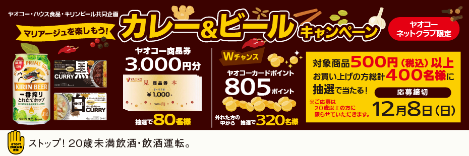 ハウス食品・キリンビール『マリアージュを楽しもう！カレー＆ビールキャンペーン』　応募締切2024年12月8日（日）